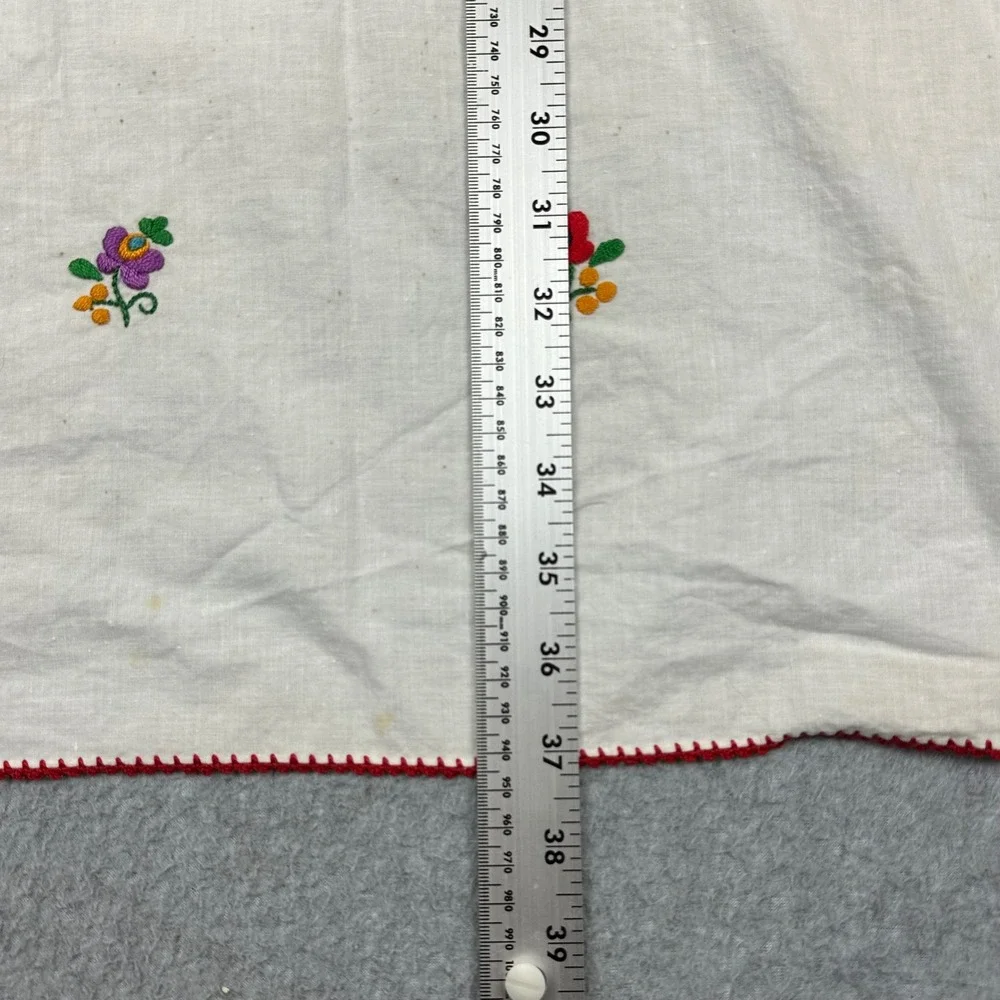 Vintage Embroidered Floral White Linen Square Tablecloth Red Scalloped Edge